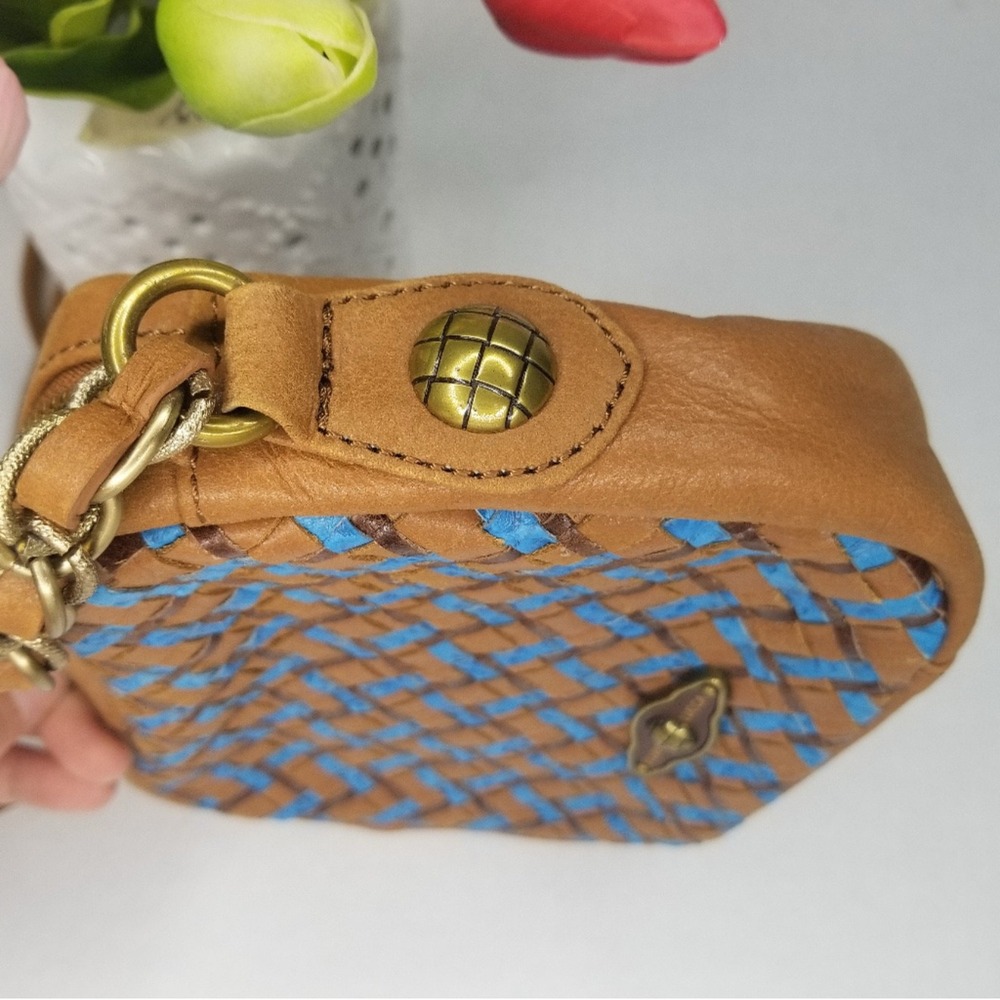Elliott Lucca Brown Blue Weave Leather Crossbody Purse Bag brass gold chain zip - Picture 3 of 11